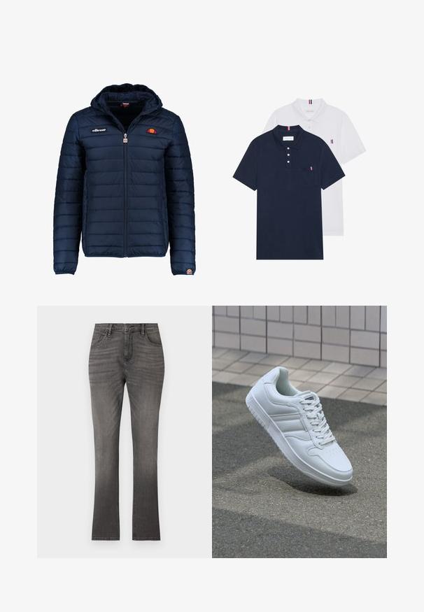 Temno modra napihnjena jakna s kapuco, z zadrgo, kanalnim šivom in logotipom na prsih in rokavu. Mehka, teksturirana tkanina.; Dve polo majice: ena mornarsko modra in ena bela, obe z majhnim rdečim, belim in modrim poudarjanjem na žepu in ovratniku.; Sive jeans s straight fit, z klasičnim pet-pocket dizajnom in nežnim zbledelostjo. Standardno zapiranje z gumbom in zadrgo.; Bela atletska teniska obutev z gladkim usnjenim zgornjim delom, vezanjem spredaj, perforiranim prstom in vzorčastim podplatom. Minimalistična zasnova s tremi stranskimi črtami.