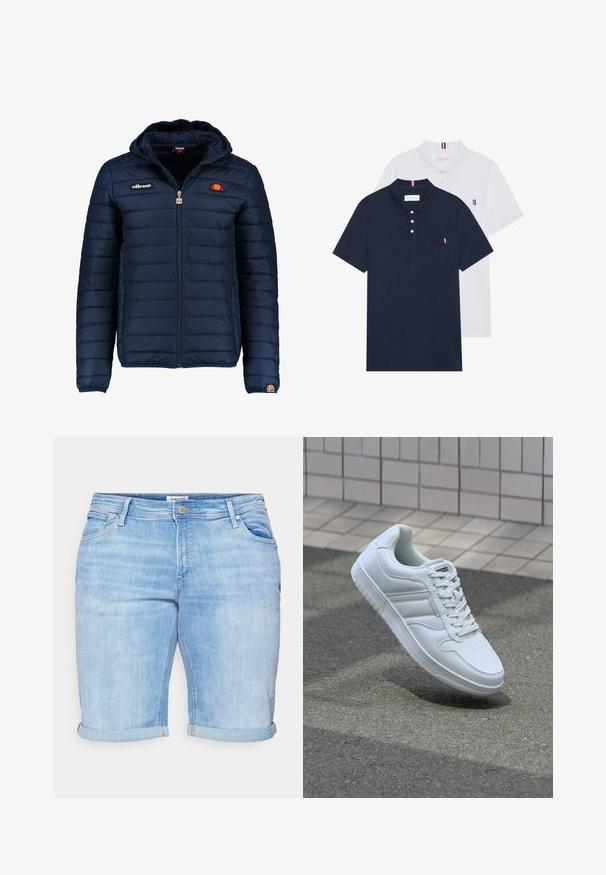 Tamsiai mėlynas pūkinis švarkas su gobtuvu, užtrauktuku, kanalų siuvimu ir logotipo akcentais krūtinėje bei rankovėje. Minkšta, tekstūruota medžiaga.; Du keturių marškiniai: vienas tamsiai mėlynas ir vienas baltas, abu su mažais raudonais, baltais ir mėlynais akcentais ant krūtinės kišenės ir apykaklės.; Šviesiai mėlynos džinsinės šortai su atsuktais kraštais, penkiais kišenėmis ir nusidėvėjusiu paviršiumi. Yra priekinis mygtuko uždarymas ir diržo kilpos.; Baltos sportinės kedai su lygaus odos viršumi, raišteliais priekyje, perforuotu kojų pirštu ir raštuotu padu. Minimalistinis dizainas su trimis šoninėmis juostelėmis.