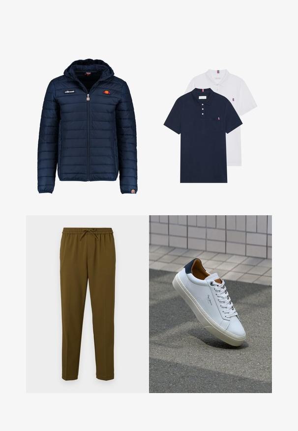 Veste matelassée bleu marine avec capuche, fermeture zippée, coutures en canaux et accents de logo sur la poitrine et la manche. Tissu doux et texturé.; Deux polos : un bleu marine et un blanc, tous deux avec un petit accent rouge, blanc et bleu sur la poche poitrine et le col.; Pantalon léger vert olive avec une taille élastique et un cordon de serrage réglable. Il présente des jambes droites et aucune poche. Texture lisse.; Sneaker en cuir blanc avec un talon bleu marine, bout rond et accents marron contrastés. Dispose de lacets plats et d'une semelle en caoutchouc texturée.
