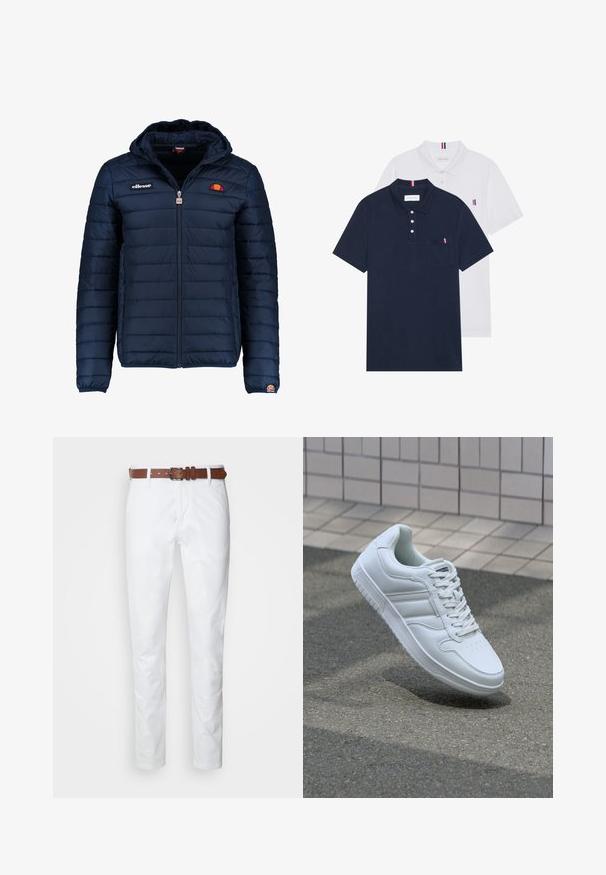 Navy blue puffer jacket with a hood, zip closure, channel stitching, and logo accents on the chest and sleeve. Soft, textured fabric.; Two polo shirts: one navy blue and one white, both with a small red, white, and blue accent on the chest pocket and collar.; White cotton pants with a straight cut, featuring a brown leather belt. The fabric has a smooth texture and a classic design.; White athletic sneaker with smooth leather upper, lace-up front, perforated toe, and patterned sole. Minimalist design with three side stripes.