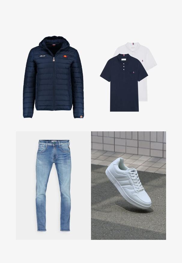 Casaco puffer azul marinho com capuz, fecho de correr, costura em canais e detalhes do logo no peito e na manga. Tecido macio e texturizado.; Duas camisetas polo: uma azul-marinho e uma branca, ambas com um pequeno detalhe em vermelho, branco e azul no bolso do peito e na gola.; Jeans de ganga azul-claro com um corte slim, apresentando cinco bolsos, fecho de botão e desbotamento discreto em todo o tecido.; Sapatilha desportiva branca com parte superior em couro liso, frente com atacadores, bico perfurado e sola padronizada. Design minimalista com três riscas laterais.