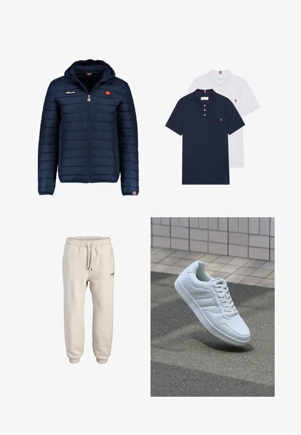 Jachetă puffer de culoare bleumarin, cu glugă, închidere cu fermoar, cusături în canale și detalii cu logo pe piept și pe mânecă. Material moale, texturat.; Două tricouri polo: unul albastru navy și unul alb, ambele având un mic accent roșu, alb și albastru pe buzunarul de la piept și guler.; Pantaloni jogger de culoare bej deschis, confecționați dintr-un material moale, având talie elastică cu șnur și manșete înguste. Detaliu mic cu logo pe față.; Adidași albi pentru sport cu superior din piele netedă, sistem de șireturi în față, vârf perforat și talpă cu model. Design minimalist cu trei dungi laterale.