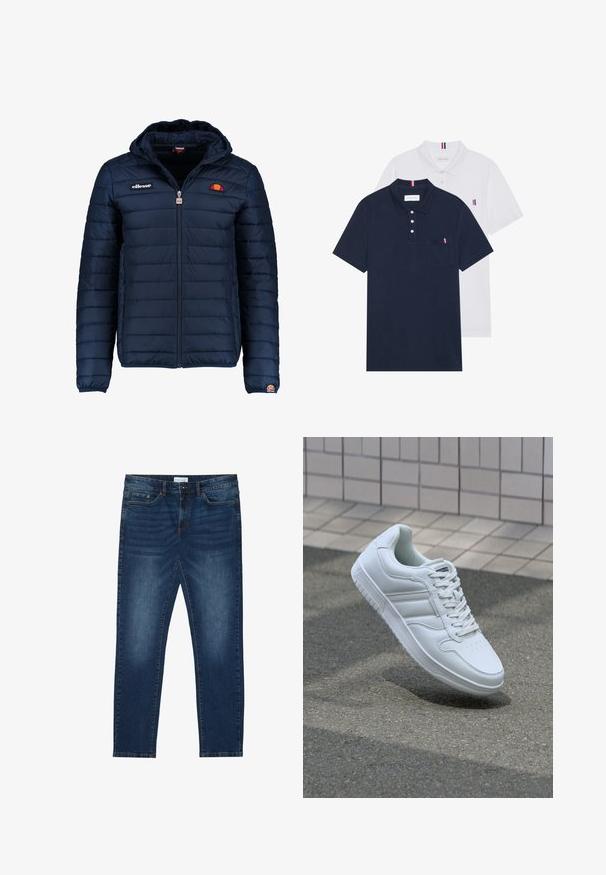 Jachetă puffer de culoare bleumarin, cu glugă, închidere cu fermoar, cusături în canale și detalii cu logo pe piept și pe mânecă. Material moale, texturat.; Două tricouri polo: unul albastru navy și unul alb, ambele având un mic accent roșu, alb și albastru pe buzunarul de la piept și guler.; Blugi din denim de culoare albastru închis cu croială dreaptă, având cinci buzunare, ușoare deteriorări pe coapse și detalii de cusătură în contrast.; Adidași albi pentru sport cu superior din piele netedă, sistem de șireturi în față, vârf perforat și talpă cu model. Design minimalist cu trei dungi laterale.
