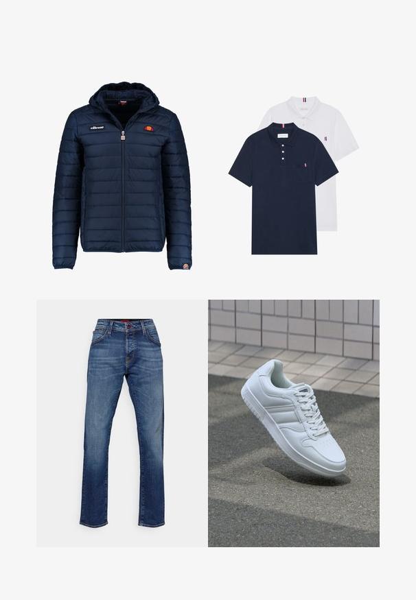Chaqueta acolchada azul marino con capucha, cierre de cremallera, costuras en canales y acentos de logo en el pecho y la manga. Tejido suave y texturizado.; Dos camisetas polo: una de color azul marino y otra blanca, ambas con un pequeño acento en rojo, blanco y azul en el bolsillo del pecho y el cuello.; Vaqueros de mezclilla azul oscuro con corte recto, que presentan un cierre frontal con cremallera y botón, cinco bolsillos y detalles sutiles de costura.; Zapatilla atlética blanca con parte superior de cuero suave, cierre de cordones en el frente, puntera perforada y suela con patrón. Diseño minimalista con tres rayas laterales.