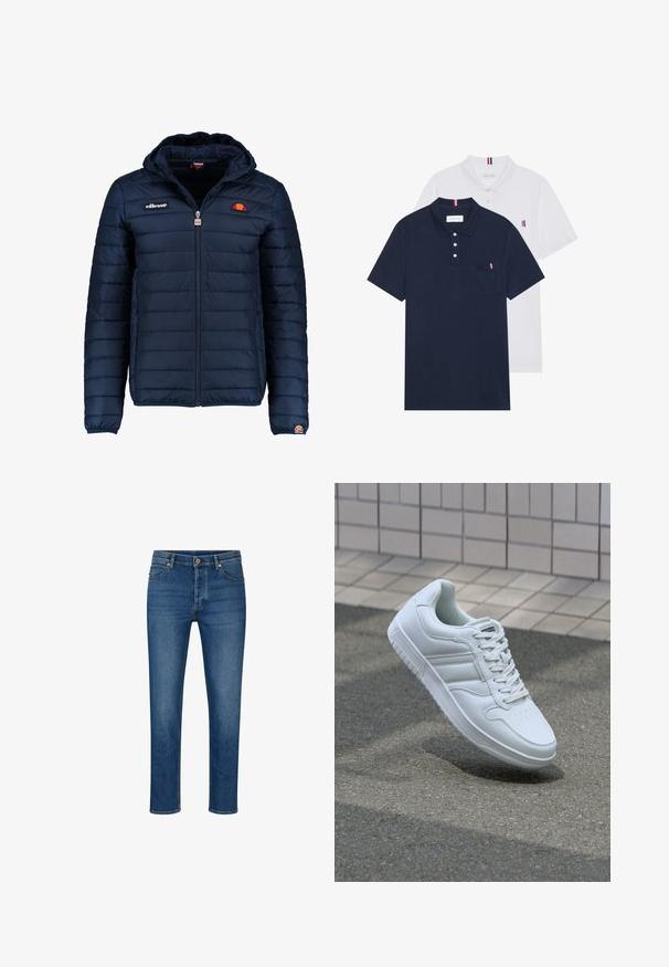 Námořnická modrá péřová bunda s kapucí, zipovým zapínáním, prošívaným vzorem a logem na hrudi a rukávu. Měkká, texturovaná látka.; Dvě polo trička: jedno námořnické modré a jedno bílé, obě s malým červeným, bílým a modrým akcentem na kapse a límci.; Modré džíny z denimu s rovnými nohavicemi, disponující pěti kapsami, poutky na opasek a zapínáním na knoflík. Světle prošoupané a kontrastní švy.; Bílé sportovní tenisky s hladkým koženým svrškem, šněrovacím předním dílem, perforovanou špičkou a vzorovanou podrážkou. Minimalistický design se třemi bočními pruhy.
