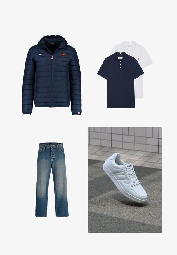 Námornícky modrá prešívaná bunda s kapucňou, zipsom, kanálovým prešívaním a logovými akcentmi na hrudi a rukáve. Mäkkučká, textúrovaná tkanina.; Dvoje polo tričiek: jedno námornícky modré a jedno biele, obidve s malým červeným, bielym a modrým akcentom na vrecku a golieri.; Modré džínsy z denimu s uvoľneným strihom, rovnými nohavicami, jemným svetlým vyblednutím a ozdobnou páskou s logom.; Biele atletické tenisky s hladkým koženým zvrškom, šnurovaním vpredu, perforovanou špičkou a vzorovanou podrážkou. Minimalistický dizajn s tromi bočnými pruhmi.
