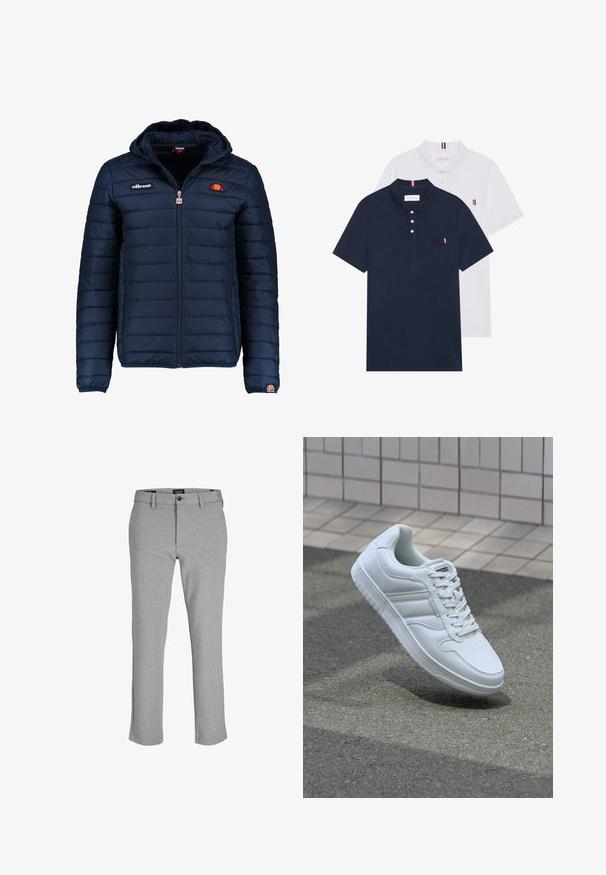 Mørkeblå puffjakke med hætte, lynlåslukning, kanalstyret syning og logo-detaljer på brystet og ærmet. Blødt, struktureret stof.; To polo skjorter: en marineblå og en hvid, begge med en lille rød, hvid og blå detalje på brystlommen og kraven.; Grå bukser lavet af let stof, med lige ben, lynlås og en enkelt knaplukning i taljen.; Hvide atletiske sneakers med glat læderoverdel, snørelukning foran, perforeret tå og mønstret sål. Minimalistisk design med tre sidelister.