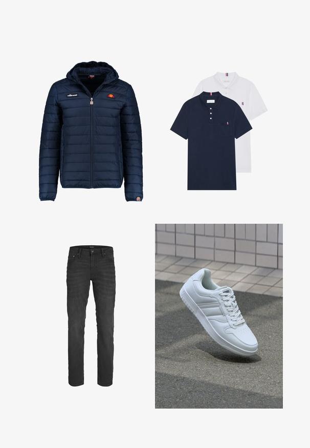 Tengerészkék puffos dzseki kapucnival, cipzáras záródással, csatorna varrással, és logóval díszített mellkassal és ujjakkal. Puha, texturált anyag.; Két pólóing: az egyik sötétkék, a másik fehér, mindkettőn kicsi piros, fehér és kék díszítés található a mellzsebből és a galléron.; Fekete farmernadrág slim fit szabással, öt zsebes kialakítással, klasszikus gombos és cipzáras záródással, valamint finoman elhalványuló textúrával az egész felületen.; Fehér sportcipő sima bőr felsőrésszel, fűzős elülettel, perforált orral és mintázott talppal. Minimalista dizájn három oldalsávval.
