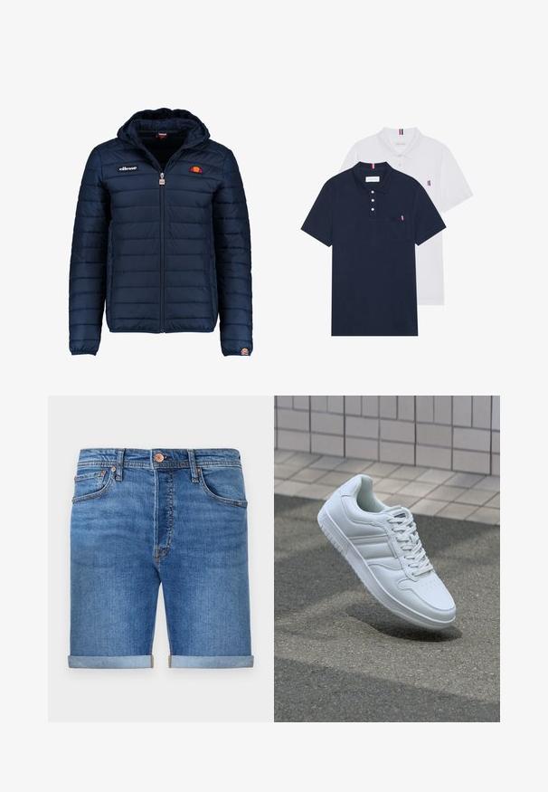 Tums zilā puffer jaka ar kapuci, rāvējslēdzēja aizdare, kanālu šuvēm un logotipa akcentiem uz krūtīm un piedurknēm. Mīksta, teksturēta auduma.; Divas polo kreklu komplekts: viens tumši zils un viens balts, abi ar mazu sarkanu, baltu un zilu akcentu uz krūšu kabatas un apkakles.; Denim šorti vidējas zila toņā ar rollētām maliņām, piecu kabatu dizains, misiņa pogu aizdare un kontrastējoša izšūšana.; Balti sporta apavi ar gludu ādas virsu, sasienamais priekšpuse, perforēts purngals un rakstaina zole. Minimālisma dizains ar trim sānu svītrām.