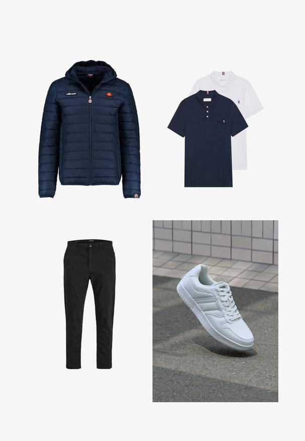 Mornaricnoplava pufasta jakna s kapuljačom, zatvaranje na zip, kanalno šivanje i akcenti s logom na prsima i rukavu. Mekani, teksturirani materijal.; Dva polo majice: jedna tamnoplava i jedna bijela, obje s malim crveno-bijelim-plavim naglaskom na džepu i ovratniku.; Crne chino hlače s uskim krojem, izrađene od pamuka. Imaju kopčanje na gumb, prednje džepove i glatku teksturu. Čist dizajn bez uzoraka.; Bijela atletska tenisica s glatkim kožnim gornjim dijelom, vezanjem sprijeda, perforiranim vrhom i uzorkovanim đonom. Minimalistički dizajn s tri bočne pruge.