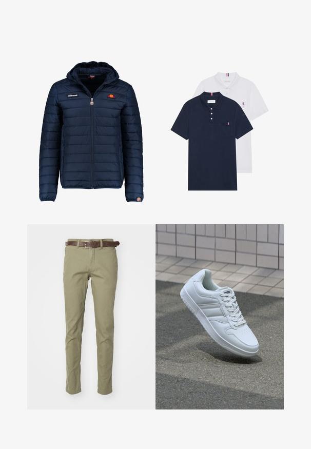 Tengerészkék puffos dzseki kapucnival, cipzáras záródással, csatorna varrással, és logóval díszített mellkassal és ujjakkal. Puha, texturált anyag.; Két pólóing: az egyik sötétkék, a másik fehér, mindkettőn kicsi piros, fehér és kék díszítés található a mellzsebből és a galléron.; Olívazöld, vékony szabású pamut nadrág, barna bőr övvel. Sima textúra, látható minták vagy díszítések nélkül.; Fehér sportcipő sima bőr felsőrésszel, fűzős elülettel, perforált orral és mintázott talppal. Minimalista dizájn három oldalsávval.