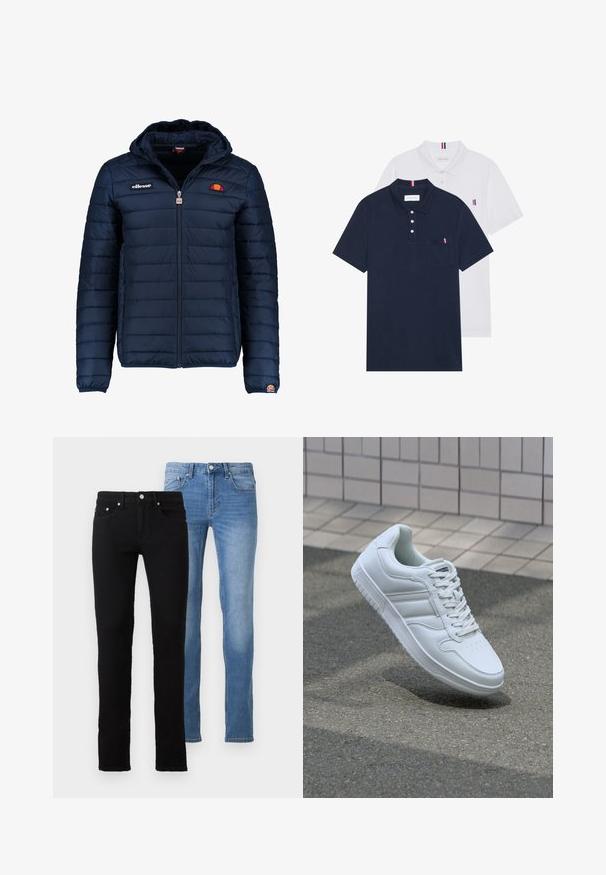Chaqueta acolchada azul marino con capucha, cierre de cremallera, costuras en canales y acentos de logo en el pecho y la manga. Tejido suave y texturizado.; Dos camisetas polo: una de color azul marino y otra blanca, ambas con un pequeño acento en rojo, blanco y azul en el bolsillo del pecho y el cuello.; Dos pares de vaqueros: uno negro y otro azul claro. Ambos tienen un corte ajustado, diseño de cinco bolsillos y herrajes de metal en la cintura.; Zapatilla atlética blanca con parte superior de cuero suave, cierre de cordones en el frente, puntera perforada y suela con patrón. Diseño minimalista con tres rayas laterales.