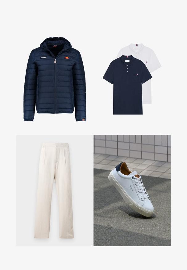 Veste matelassée bleu marine avec capuche, fermeture zippée, coutures en canaux et accents de logo sur la poitrine et la manche. Tissu doux et texturé.; Deux polos : un bleu marine et un blanc, tous deux avec un petit accent rouge, blanc et bleu sur la poche poitrine et le col.; Pantalons larges beige clair en tissu texturé, avec une taille élastique et deux plis à l'avant pour un détail supplémentaire.; Sneaker en cuir blanc avec un talon bleu marine, bout rond et accents marron contrastés. Dispose de lacets plats et d'une semelle en caoutchouc texturée.