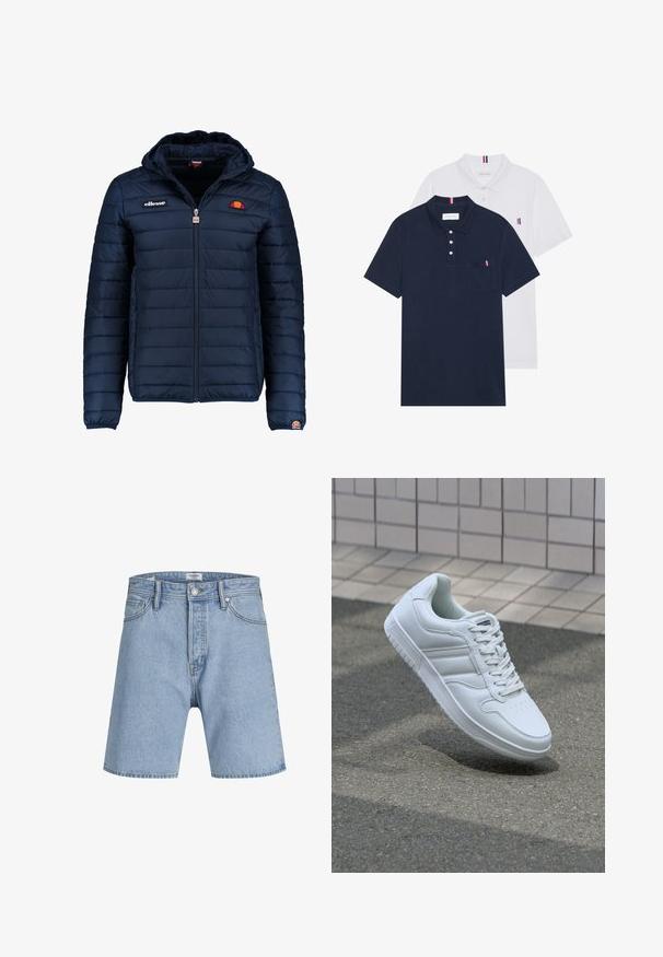 Navy blue puffer jacket with a hood, zip closure, channel stitching, and logo accents on the chest and sleeve. Soft, textured fabric.; Two polo shirts: one navy blue and one white, both with a small red, white, and blue accent on the chest pocket and collar.; Jack & Jones ITONY ORIGINAL - Denim shorts - blue denim; White athletic sneaker with smooth leather upper, lace-up front, perforated toe, and patterned sole. Minimalist design with three side stripes.