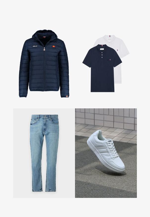 Tamsiai mėlynas pūkinis švarkas su gobtuvu, užtrauktuku, kanalų siuvimu ir logotipo akcentais krūtinėje bei rankovėje. Minkšta, tekstūruota medžiaga.; Du keturių marškiniai: vienas tamsiai mėlynas ir vienas baltas, abu su mažais raudonais, baltais ir mėlynais akcentais ant krūtinės kišenės ir apykaklės.; Hollister Co. Tiesaus kirpimo džinsai - medium wash; Baltos sportinės kedai su lygaus odos viršumi, raišteliais priekyje, perforuotu kojų pirštu ir raštuotu padu. Minimalistinis dizainas su trimis šoninėmis juostelėmis.