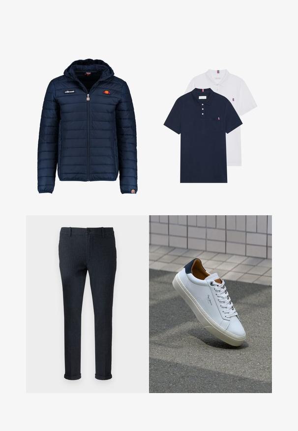 Temno modra napihnjena jakna s kapuco, z zadrgo, kanalnim šivom in logotipom na prsih in rokavu. Mehka, teksturirana tkanina.; Dve polo majice: ena mornarsko modra in ena bela, obe z majhnim rdečim, belim in modrim poudarjanjem na žepu in ovratniku.; Temno modri krojeni hlace iz teksturirane tkanine, z gumbom za zapiranje in zavihanimi robovi za oplemeniten videz.; Beli usnjeni čevelj s plavo peto, okrogelimi prsti in kontrastnimi rjavimi detajli. Ima ravne vezalke in teksturiran gumijast podplat.