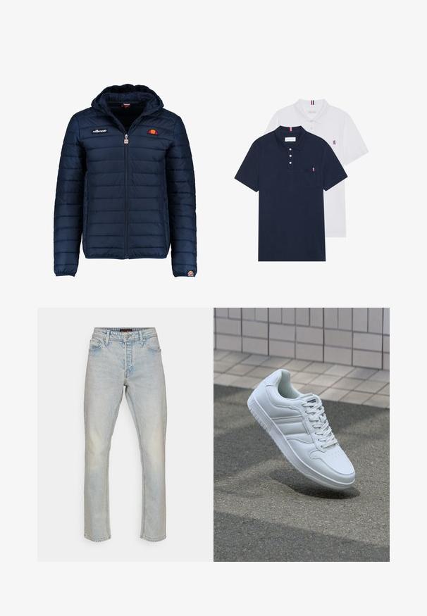 Temno modra napihnjena jakna s kapuco, z zadrgo, kanalnim šivom in logotipom na prsih in rokavu. Mehka, teksturirana tkanina.; Dve polo majice: ena mornarsko modra in ena bela, obe z majhnim rdečim, belim in modrim poudarjanjem na žepu in ovratniku.; Svijetloplave traperice ravnog kroja. Imaju pet džepova, petlje za remen i suptilno izbljeđivanje. Nema vidljivih uzoraka ili akcenta.; Bela atletska teniska obutev z gladkim usnjenim zgornjim delom, vezanjem spredaj, perforiranim prstom in vzorčastim podplatom. Minimalistična zasnova s tremi stranskimi črtami.