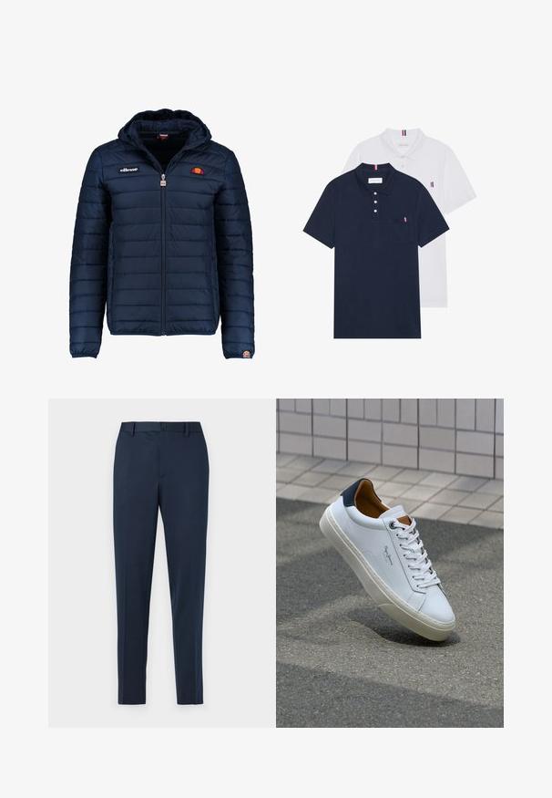 Temno modra napihnjena jakna s kapuco, z zadrgo, kanalnim šivom in logotipom na prsih in rokavu. Mehka, teksturirana tkanina.; Dve polo majice: ena mornarsko modra in ena bela, obe z majhnim rdečim, belim in modrim poudarjanjem na žepu in ovratniku.; Temno modri krojeni hlače s ravnim krojem, ki imajo gumbasto zapiranje in odprtine za pas. Narejene so iz gladkega, lahkega materiala.; Beli usnjeni čevelj s plavo peto, okrogelimi prsti in kontrastnimi rjavimi detajli. Ima ravne vezalke in teksturiran gumijast podplat.