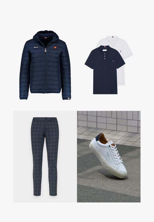 Marineblauwe gewatteerde jas met een capuchon, ritsluiting, kanalenstiksel en logoaccenten op de borst en mouw. Zachte, gestructureerde stof.; Twee polo shirts: één marineblauw en één wit, beide met een kleine rood, wit en blauwe accent op de borstzak en kraag.; Slim-fit, donkerblauwe geruite broek met een subtiele textuur, voorzien van een voorknoopsluiting en ceintuurlussen. Glad stof met een op maat gemaakte uitstraling.; Witte leren sneaker met een marineblauwe hiel, ronde neus en contrasterende bruin accent. Beschikt over platte veters en een gestructureerde rubberen zool.