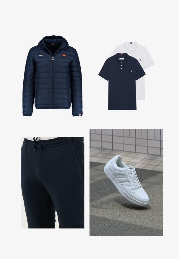 Marineblauwe gewatteerde jas met een capuchon, ritsluiting, kanalenstiksel en logoaccenten op de borst en mouw. Zachte, gestructureerde stof.; Twee polo shirts: één marineblauw en één wit, beide met een kleine rood, wit en blauwe accent op de borstzak en kraag.; Marineblauwe joggingbroek van zacht materiaal, met een elastische tailleband met koord, zijzakken en een taps toelopend ontwerp.; Witte sportsneaker met een glad leren bovenwerk, vetersluiting aan de voorkant, geperforeerde neus en een geprofileerde zool. Minimalistisch ontwerp met drie zijstrepen.