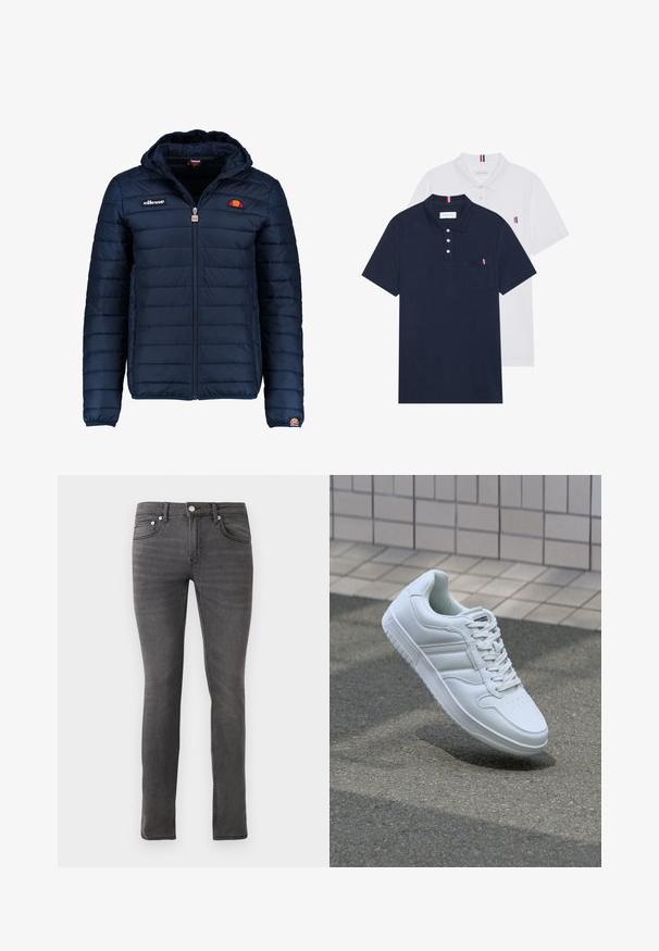 Jachetă puffer de culoare bleumarin, cu glugă, închidere cu fermoar, cusături în canale și detalii cu logo pe piept și pe mânecă. Material moale, texturat.; Două tricouri polo: unul albastru navy și unul alb, ambele având un mic accent roșu, alb și albastru pe buzunarul de la piept și guler.; Blugi din denim gri, cu o croială slim, având un design clasic cu cinci buzunare, închidere frontală cu nasture și detalii texturate fine pe întreaga suprafață.; Adidași albi pentru sport cu superior din piele netedă, sistem de șireturi în față, vârf perforat și talpă cu model. Design minimalist cu trei dungi laterale.