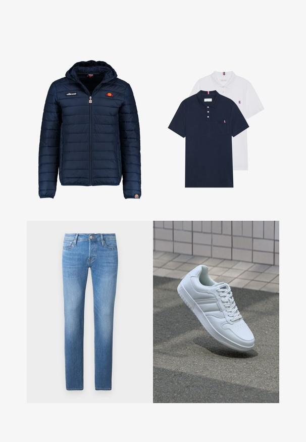 Navy blue puffer jacket with a hood, zip closure, channel stitching, and logo accents on the chest and sleeve. Soft, textured fabric.; Two polo shirts: one navy blue and one white, both with a small red, white, and blue accent on the chest pocket and collar.; Light blue denim jeans with a straight-leg cut, featuring a button and zipper closure, five pockets, and subtle fading.; White athletic sneaker with smooth leather upper, lace-up front, perforated toe, and patterned sole. Minimalist design with three side stripes.