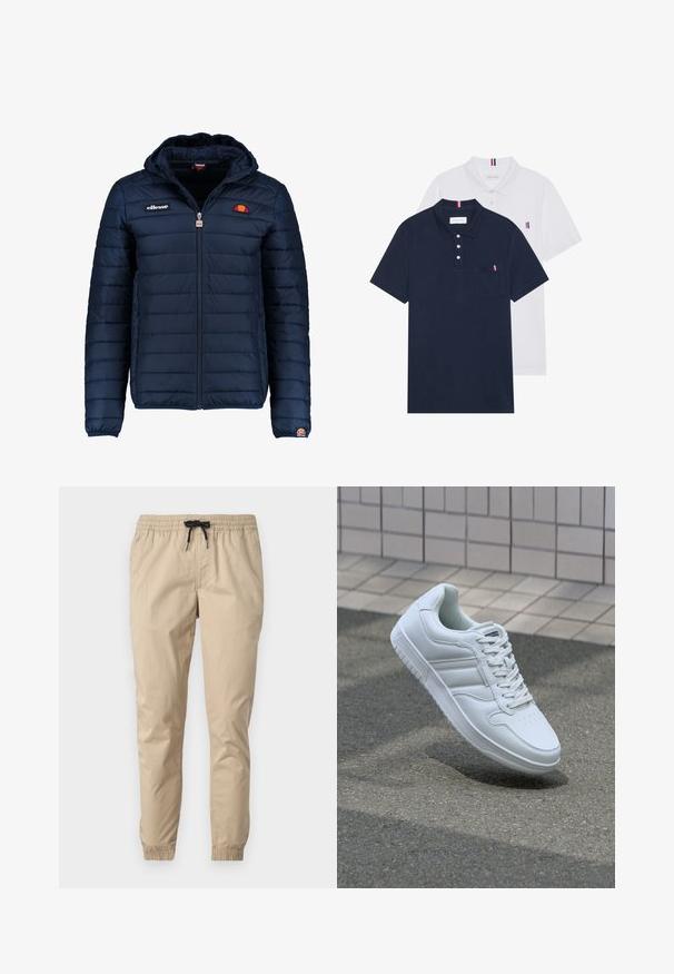 Marineblå puffjakke med hette, glidelås, kanalsøm og logoaksenter på brystet og ermet. Mykt, teksturert stoff.; To polo skjorter: en marineblå og en hvit, begge med en liten rød, hvit og blå aksent på brystlommen og kragen.; Beige lette bukser med elastisk liv og snøring, med tapered ben og elastiske mansjetter. Glatt, strukturert stoff.; Hvit atletisk sneaker med glatt skinnoverside, snøring foran, perforert tå og mønstrets såle. Minimalistisk design med tre side-striper.