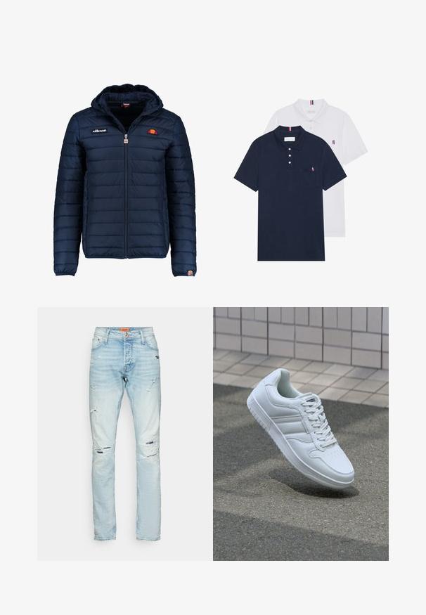 Temno modra napihnjena jakna s kapuco, z zadrgo, kanalnim šivom in logotipom na prsih in rokavu. Mehka, teksturirana tkanina.; Dve polo majice: ena mornarsko modra in ena bela, obe z majhnim rdečim, belim in modrim poudarjanjem na žepu in ovratniku.; Svetlo modri kavbojki z ravnim krojem, ki imajo poškodovane raztrganine spredaj in rahlo bledijo pranje. Klasična zasnova s petimi žepi.; Bela atletska teniska obutev z gladkim usnjenim zgornjim delom, vezanjem spredaj, perforiranim prstom in vzorčastim podplatom. Minimalistična zasnova s tremi stranskimi črtami.