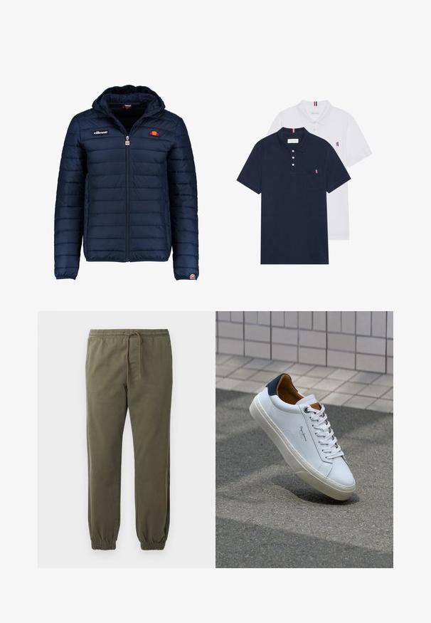 Dunkelblaue Daunenjacke mit Kapuze, Reißverschluss, Kastensteppnähten und Logo-Akzenten auf der Brust und dem Ärmel. Weicher, strukturierter Stoff.; Zwei Poloshirts: eines in marineblau und eines in Weiß, beide mit einem kleinen rot, weiß und blauen Akzent auf der Brusttasche und dem Kragen.; Olivgrüne Jogginghosen aus weichem Stoff, mit elastischem Bund, Kordelzug und elastischen Bündchen an den Knöcheln.; Weiße Ledersneaker mit navyfarbenem Fersenbereich, runder Zehenpartie und kontrastierenden braunen Akzenten. Verfügt über flache Schnürsenkel und eine strukturierte Gummisohle.