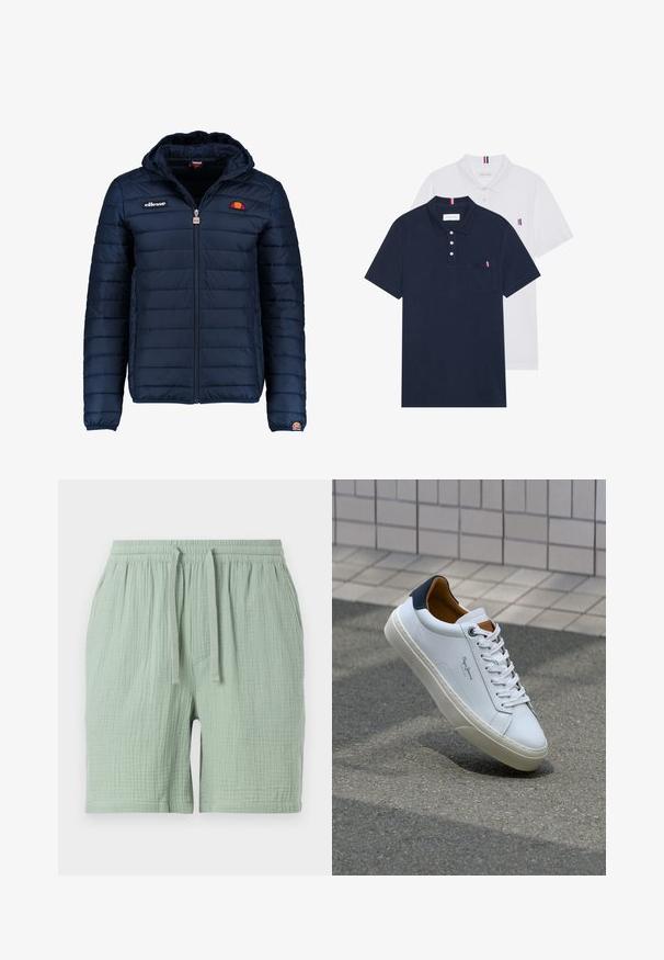 Dunkelblaue Daunenjacke mit Kapuze, Reißverschluss, Kastensteppnähten und Logo-Akzenten auf der Brust und dem Ärmel. Weicher, strukturierter Stoff.; Zwei Poloshirts: eines in marineblau und eines in Weiß, beide mit einem kleinen rot, weiß und blauen Akzent auf der Brusttasche und dem Kragen.; Hellgrüne Baumwollshorts mit einem elastischen Bund und Kordelzug. Strukturiertes, leicht knitteriges Material mit einer seitlichen Tasche.; Weiße Ledersneaker mit navyfarbenem Fersenbereich, runder Zehenpartie und kontrastierenden braunen Akzenten. Verfügt über flache Schnürsenkel und eine strukturierte Gummisohle.