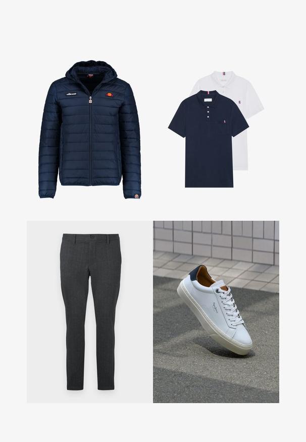 Tums zilā puffer jaka ar kapuci, rāvējslēdzēja aizdare, kanālu šuvēm un logotipa akcentiem uz krūtīm un piedurknēm. Mīksta, teksturēta auduma.; Divas polo kreklu komplekts: viens tumši zils un viens balts, abi ar mazu sarkanu, baltu un zilu akcentu uz krūšu kabatas un apkakles.; Tumši pelēki bikses ar teksturētu rakstu, plāna piegriezuma, standarta jostasvietu ar vienu pogu un taisnām kājām, veidotas mūsdienīgai izskatam.; Baltas ādas čības ar tumši zilu papēdi, apaļu purngalu un kontrastējošām brūnām detaļām. Aprīkotas ar plakanu auklu un struktūrētu gumijas zoli.