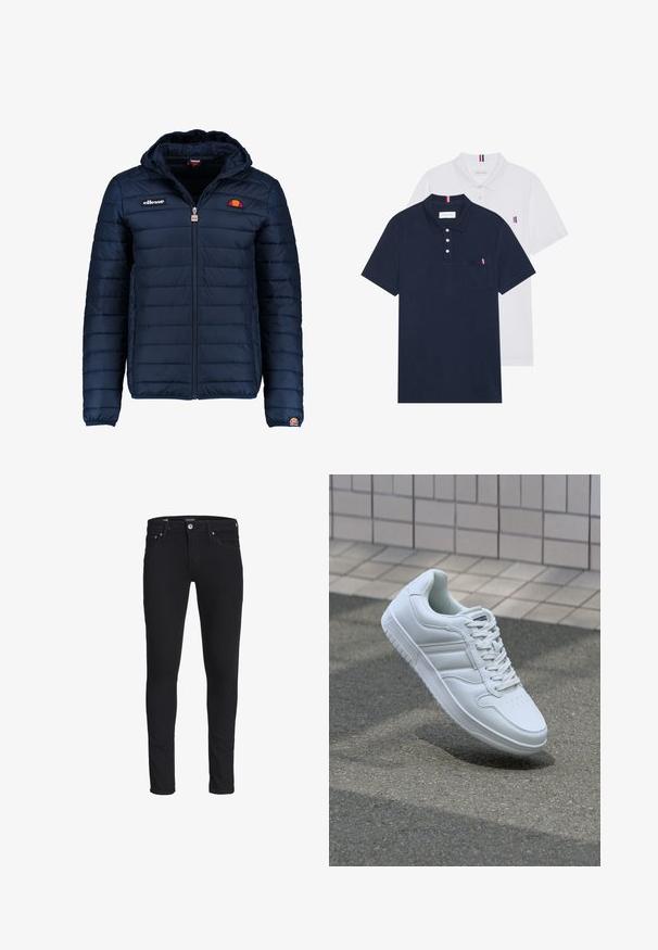 Chaqueta acolchada azul marino con capucha, cierre de cremallera, costuras en canales y acentos de logo en el pecho y la manga. Tejido suave y texturizado.; Dos camisetas polo: una de color azul marino y otra blanca, ambas con un pequeño acento en rojo, blanco y azul en el bolsillo del pecho y el cuello.; Pantalones vaqueros negros de corte slim, fabricados en denim, que cuentan con un clásico diseño de cinco bolsillos, trabillas para cinturón y un cierre de cremallera con botón.; Zapatilla atlética blanca con parte superior de cuero suave, cierre de cordones en el frente, puntera perforada y suela con patrón. Diseño minimalista con tres rayas laterales.