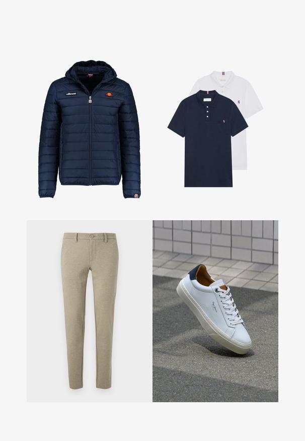 Jachetă puffer de culoare bleumarin, cu glugă, închidere cu fermoar, cusături în canale și detalii cu logo pe piept și pe mânecă. Material moale, texturat.; Două tricouri polo: unul albastru navy și unul alb, ambele având un mic accent roșu, alb și albastru pe buzunarul de la piept și guler.; Pantaloni bej din material texturat, cu închidere cu buton și picioare conice, având buzunare laterale și detalii subtile de tiv.; Adidași din piele albă cu călcâi bleumarin, vârf rotund și accente contrastante de culoare maro. Dispun de șireturi plate și talpă din cauciuc texturat.