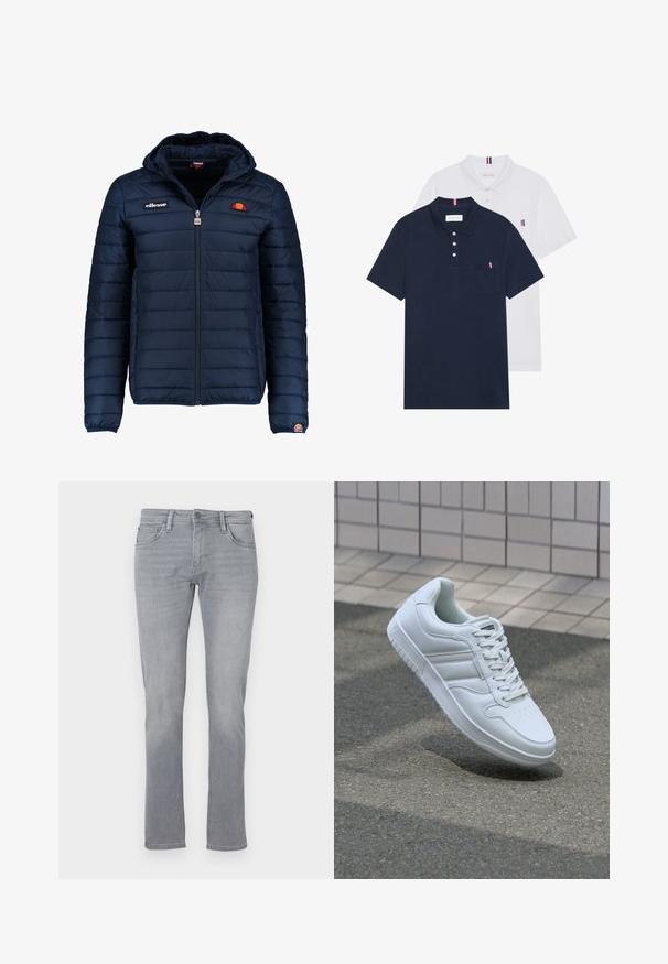 Tums zilā puffer jaka ar kapuci, rāvējslēdzēja aizdare, kanālu šuvēm un logotipa akcentiem uz krūtīm un piedurknēm. Mīksta, teksturēta auduma.; Divas polo kreklu komplekts: viens tumši zils un viens balts, abi ar mazu sarkanu, baltu un zilu akcentu uz krūšu kabatas un apkakles.; Pelēku denimu bikses ar taisnu kāju griezumu, kas aprīkotas ar priekšējo pogu un rāvējslēdzēju, piecām kabatām un vieglu izbalēšanu visā virsmā.; Balti sporta apavi ar gludu ādas virsu, sasienamais priekšpuse, perforēts purngals un rakstaina zole. Minimālisma dizains ar trim sānu svītrām.