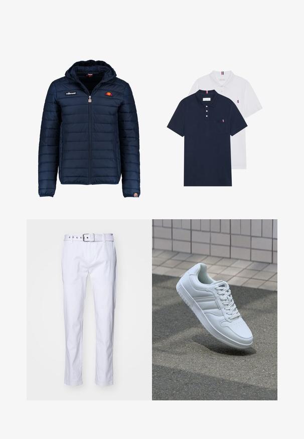 Tumedat sinised puffer jakk kapuutsiga, lukuga suletav, kanalite õmblustega ning logo aktsentidega rinnal ja varrukal. Pehme, tekstuuriga kangas.; Kaks polo särki: üks tumesinine ja üks valge, mõlemal on rinnataskul ja krael väike punase, valge ja sinise aktsent.; Valged puuvillased püksid sirge lõikega, millel on tekstuuriga kangas, vööaugu silmad ja sobiv vöö hõbedaste detailidega.; Valge spordijalanõud silederja nahkvarrega, ninast paeltega, perforatsiooni tõttu ventilatsiooniga ning mustrilise tallaga. Minimalistlik disain, millel on kolm külgmist triipu.