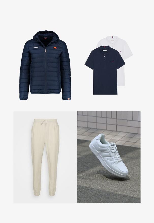 Veste matelassée bleu marine avec capuche, fermeture zippée, coutures en canaux et accents de logo sur la poitrine et la manche. Tissu doux et texturé.; Deux polos : un bleu marine et un blanc, tous deux avec un petit accent rouge, blanc et bleu sur la poche poitrine et le col.; Jogging en lin beige avec une taille élastique et un cordon de serrage ajustable, présentant des poignets élastiques et une coupe relaxée. Texture lisse.; Baskets blanches de sport avec une tige en cuir lisse, un laçage à l'avant, une pointe perforée et une semelle à motifs. Design minimaliste avec trois bandes latérales.