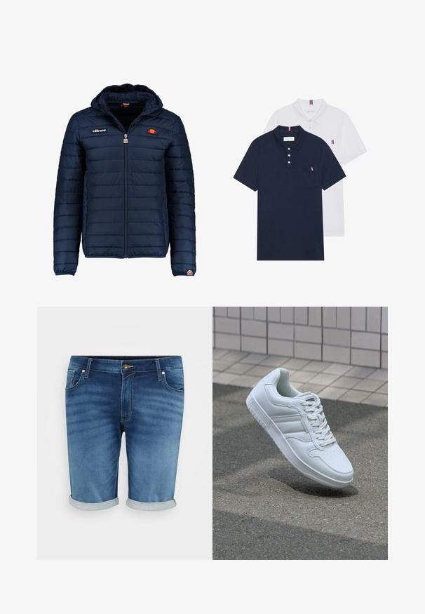 Chaqueta acolchada azul marino con capucha, cierre de cremallera, costuras en canales y acentos de logo en el pecho y la manga. Tejido suave y texturizado.; Dos camisetas polo: una de color azul marino y otra blanca, ambas con un pequeño acento en rojo, blanco y azul en el bolsillo del pecho y el cuello.; Shorts de mezclilla en azul medio con un ligero desgaste, con cierre de botón, cinco bolsillos y dobladillos enrollados para un look casual.; Zapatilla atlética blanca con parte superior de cuero suave, cierre de cordones en el frente, puntera perforada y suela con patrón. Diseño minimalista con tres rayas laterales.