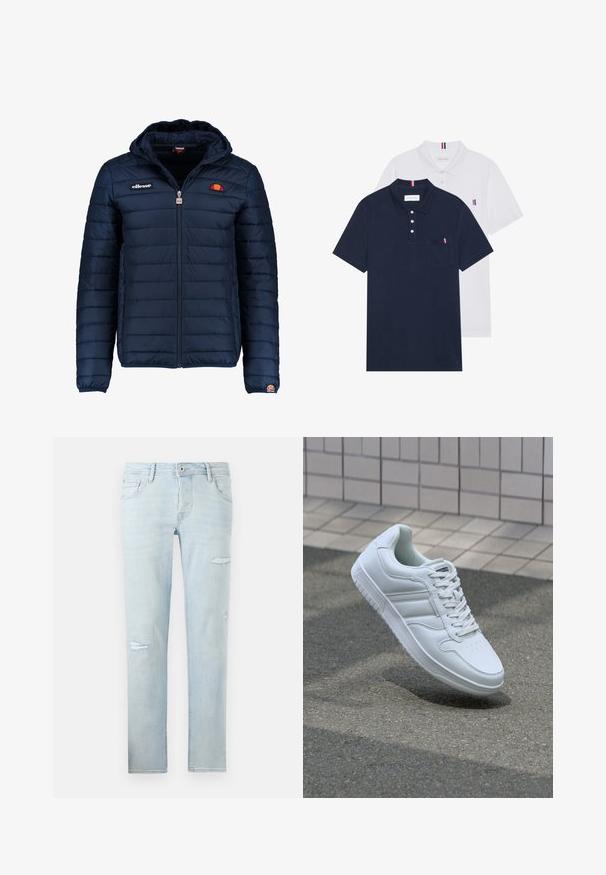 Tengerészkék puffos dzseki kapucnival, cipzáras záródással, csatorna varrással, és logóval díszített mellkassal és ujjakkal. Puha, texturált anyag.; Két pólóing: az egyik sötétkék, a másik fehér, mindkettőn kicsi piros, fehér és kék díszítés található a mellzsebből és a galléron.; Világoskék farmernadrág, egyenes szabással, térdhajlításnál kopott részletekkel, öt zsebbel, gombos és cipzáras záródással.; Fehér sportcipő sima bőr felsőrésszel, fűzős elülettel, perforált orral és mintázott talppal. Minimalista dizájn három oldalsávval.