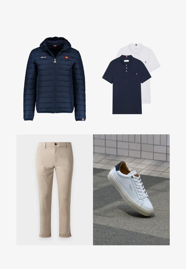Námořnická modrá péřová bunda s kapucí, zipovým zapínáním, prošívaným vzorem a logem na hrudi a rukávu. Měkká, texturovaná látka.; Dvě polo trička: jedno námořnické modré a jedno bílé, obě s malým červeným, bílým a modrým akcentem na kapse a límci.; Jack & Jones STMARCO FURY NOOS - Chino kalhoty - atmosphere; Bílé kožené tenisky s námořnickým podpatkem, kulatou špičkou a kontrastními hnědými detaily. Obsahují ploché tkaničky a texturovanou gumovou podrážku.