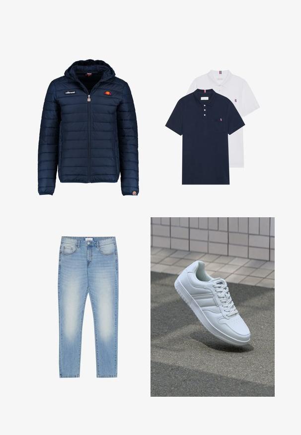 Casaco puffer azul marinho com capuz, fecho de correr, costura em canais e detalhes do logo no peito e na manga. Tecido macio e texturizado.; Duas camisetas polo: uma azul-marinho e uma branca, ambas com um pequeno detalhe em vermelho, branco e azul no bolso do peito e na gola.; Jeans de denim azul claro com um corte regular, design de cinco bolsos, ligeira descoloração na parte da frente e acabamento de perna reta.; Sapatilha desportiva branca com parte superior em couro liso, frente com atacadores, bico perfurado e sola padronizada. Design minimalista com três riscas laterais.