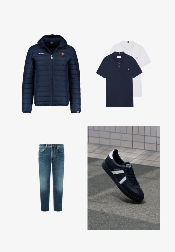 Tumedat sinised puffer jakk kapuutsiga, lukuga suletav, kanalite õmblustega ning logo aktsentidega rinnal ja varrukal. Pehme, tekstuuriga kangas.; Kaks polo särki: üks tumesinine ja üks valge, mõlemal on rinnataskul ja krael väike punase, valge ja sinise aktsent.; Keskmise sinise pesu ja otse jala disainiga denim teksad, viie taskuga stiil ja kontrastne õmblus. Puhtalt lõpetatud äär.; Must have musta sneaker musta valgete triipudega, tekstuurne kummitald ja nööridega esiosa. Omab bränditud märki keele peal.