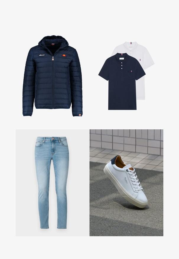 Temno modra napihnjena jakna s kapuco, z zadrgo, kanalnim šivom in logotipom na prsih in rokavu. Mehka, teksturirana tkanina.; Dve polo majice: ena mornarsko modra in ena bela, obe z majhnim rdečim, belim in modrim poudarjanjem na žepu in ovratniku.; Svetlo modri skinny kavbojke iz denima, z višjim pasom, petimi žepi in rahlim bledenjem na stegnih. Zapenjanje na gumbu pri pasu.; Beli usnjeni čevelj s plavo peto, okrogelimi prsti in kontrastnimi rjavimi detajli. Ima ravne vezalke in teksturiran gumijast podplat.