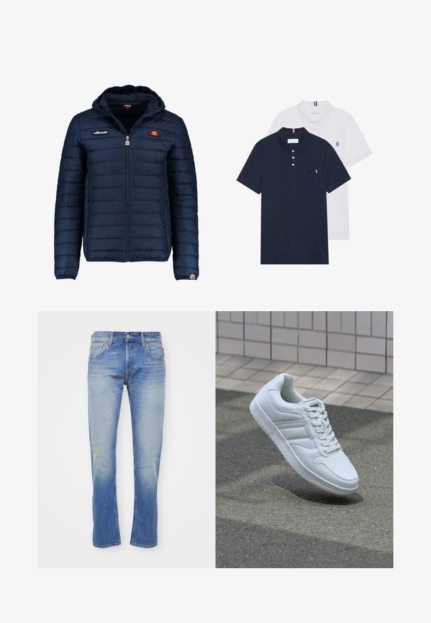 Mornaricnoplava pufasta jakna s kapuljačom, zatvaranje na zip, kanalno šivanje i akcenti s logom na prsima i rukavu. Mekani, teksturirani materijal.; Dva polo majice: jedna tamnoplava i jedna bijela, obje s malim crveno-bijelim-plavim naglaskom na džepu i ovratniku.; Svijetloplave traperice ravnog kroja, s efektom istrošenosti, malim oštećenjem i klasičnim dizajnom s pet džepova.; Bijela atletska tenisica s glatkim kožnim gornjim dijelom, vezanjem sprijeda, perforiranim vrhom i uzorkovanim đonom. Minimalistički dizajn s tri bočne pruge.