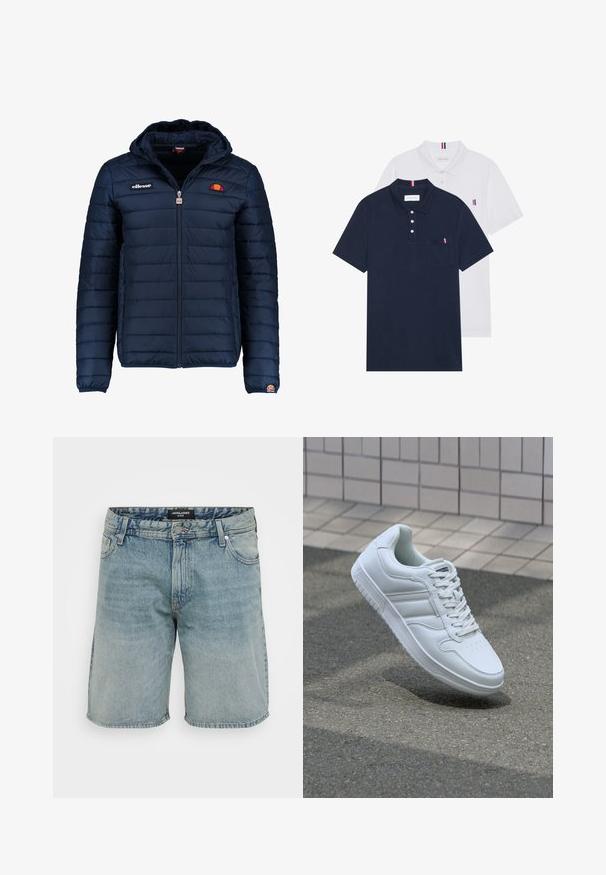 Navy blue puffer jacket with a hood, zip closure, channel stitching, and logo accents on the chest and sleeve. Soft, textured fabric.; Two polo shirts: one navy blue and one white, both with a small red, white, and blue accent on the chest pocket and collar.; Light blue denim shorts with a loose fit, classic five-pocket design, and a button and zipper closure at the front.; White athletic sneaker with smooth leather upper, lace-up front, perforated toe, and patterned sole. Minimalist design with three side stripes.