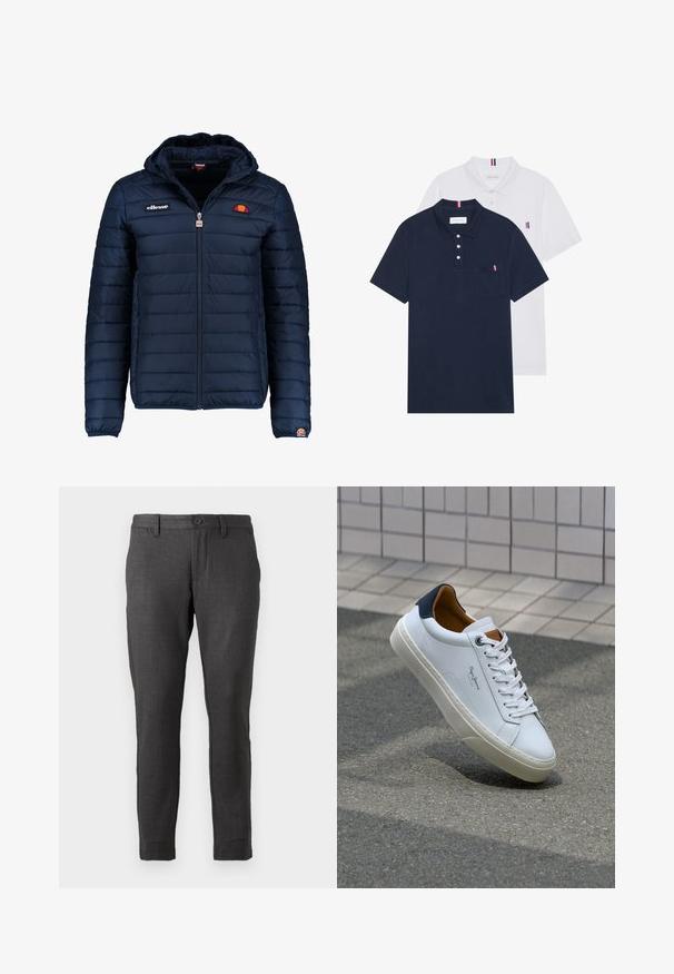 Mørkeblå puffjakke med hætte, lynlåslukning, kanalstyret syning og logo-detaljer på brystet og ærmet. Blødt, struktureret stof.; To polo skjorter: en marineblå og en hvid, begge med en lille rød, hvid og blå detalje på brystlommen og kraven.; Only & Sons MARK CHECK  - Chino - coffee bean; Hvide lædersneakers med en marineblå hæl, rund tå og kontrasterende brune detaljer. Har flade snørebånd og en tekstureret gummisål.