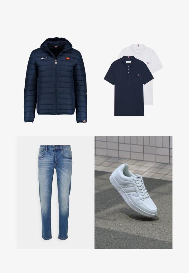 Giubbotto imbottito blu navy con cappuccio, chiusura con zip, cuciture a canale e dettagli con logo sul petto e sulla manica. Tessuto morbido e testurizzato.; Due polo shirt: uno blu navy e uno bianco, entrambi con un piccolo accento rosso, bianco e blu sulla tasca del petto e sul colletto.; Redefined Rebel COPENHAGEN - Jeans slim fit - smoke blue; Sneaker sportivo bianco con tomaia in pelle liscia, chiusura con lacci, punta perforata e suola decorata. Design minimalista con tre strisce laterali.