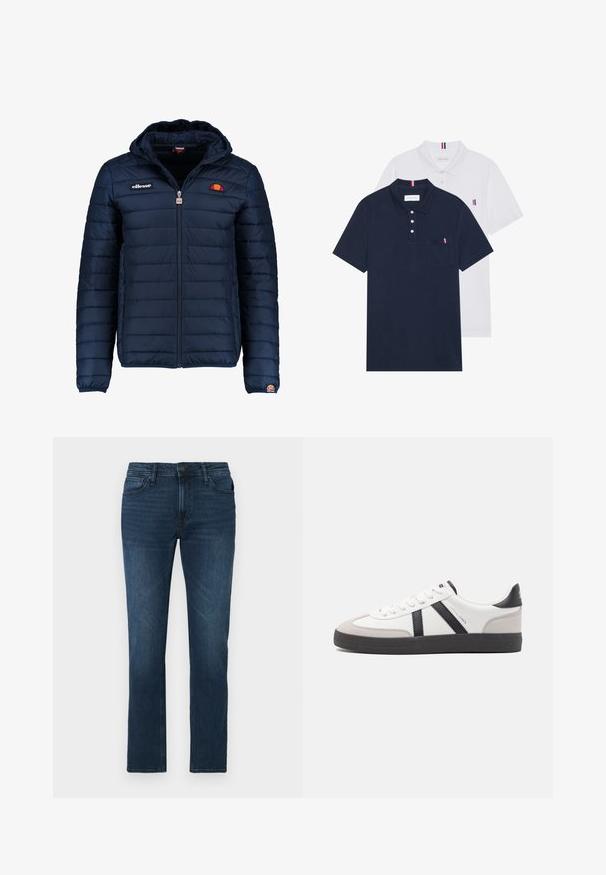 Temno modra napihnjena jakna s kapuco, z zadrgo, kanalnim šivom in logotipom na prsih in rokavu. Mehka, teksturirana tkanina.; Dve polo majice: ena mornarsko modra in ena bela, obe z majhnim rdečim, belim in modrim poudarjanjem na žepu in ovratniku.; Temno modri traper hlače s ravnim krojem, opremljene z gumbom in zadrgo, petimi žepi ter diskretnim zbledelostjo v tkanini.; Bela športna obutev z črnimi in sivo akcenti, z teksturirano sivo kapico za prste, črnim gumijastim podplatom in ravnimi belimi vezalkami. Čista zasnova, minimalistični slog.