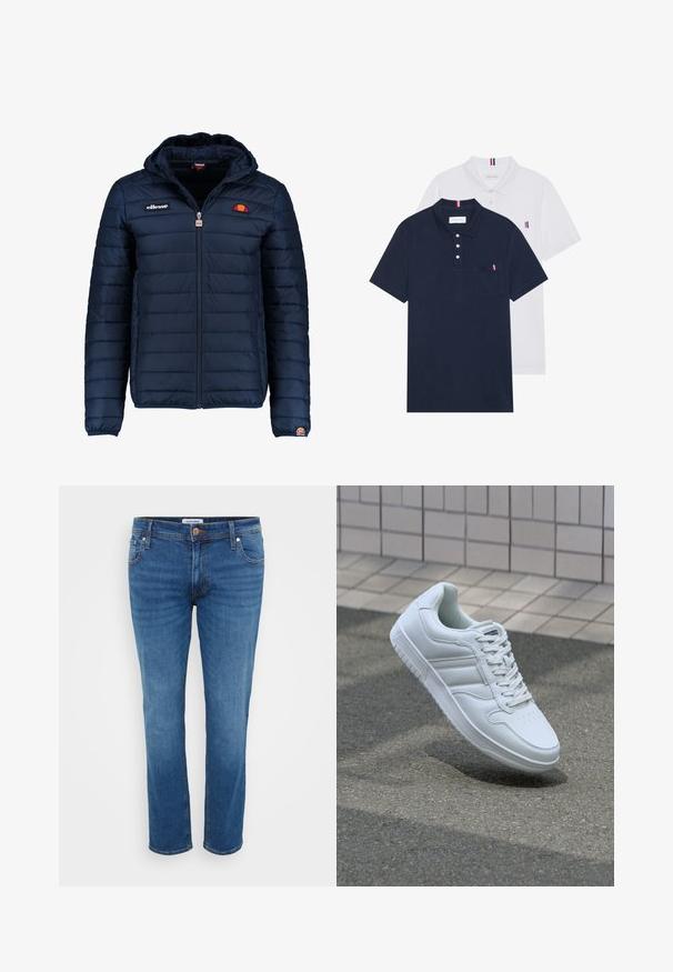 Námořnická modrá péřová bunda s kapucí, zipovým zapínáním, prošívaným vzorem a logem na hrudi a rukávu. Měkká, texturovaná látka.; Dvě polo trička: jedno námořnické modré a jedno bílé, obě s malým červeným, bílým a modrým akcentem na kapse a límci.; Džínové kalhoty ve středně modré barvě, s přímým střihem, pěticí kapsami a knoflíkovým zapínáním v pase.; Bílé sportovní tenisky s hladkým koženým svrškem, šněrovacím předním dílem, perforovanou špičkou a vzorovanou podrážkou. Minimalistický design se třemi bočními pruhy.