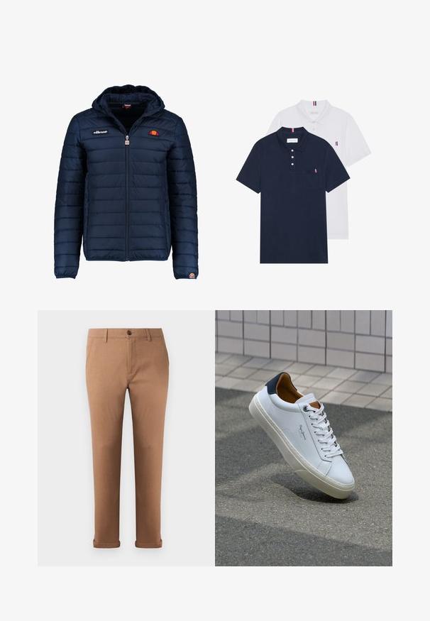 Mørkeblå puffjakke med hætte, lynlåslukning, kanalstyret syning og logo-detaljer på brystet og ærmet. Blødt, struktureret stof.; To polo skjorter: en marineblå og en hvid, begge med en lille rød, hvid og blå detalje på brystlommen og kraven.; Brune bomuldsbukser med lige pasform, der har en frontknaplukning, bæltestropper og opkrøllede cuffs ved sømmen.; Hvide lædersneakers med en marineblå hæl, rund tå og kontrasterende brune detaljer. Har flade snørebånd og en tekstureret gummisål.
