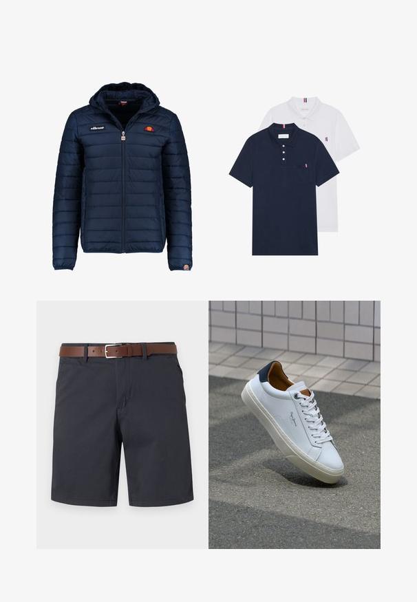 Námornícky modrá prešívaná bunda s kapucňou, zipsom, kanálovým prešívaním a logovými akcentmi na hrudi a rukáve. Mäkkučká, textúrovaná tkanina.; Dvoje polo tričiek: jedno námornícky modré a jedno biele, obidve s malým červeným, bielym a modrým akcentom na vrecku a golieri.; Tmavomodré šortky z textúrovanej látky, s hnedým koženým opaskom. Klasický strih s dvoma bočnými vreckami a jednoduchým lemom.; Biele kožené tenisky s námorníckym opätkom, okrúhlou špičkou a kontrastnými hnedými akcentami. Majú ploché šnúrky a textúrovanú gumovú podrážku.